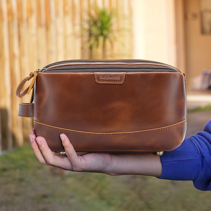 Polare Full Grain Leather Toiletry Bag for Men Large Travel Cosmetic Case Dopp Kit Shaving Kit Wash Pouch with YKK Zippers (Brown) - Image 8