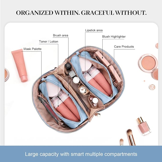 Travel Makeup Bags Cosmetic Organizer: 3Pcs Set Puffy Make up Bag for Women | Blue Premium Quilted ELEGANCE Design | Large Capacity Leather Toiletry Bags | Wide Open Compact Case for Travel Essentials - Image 5
