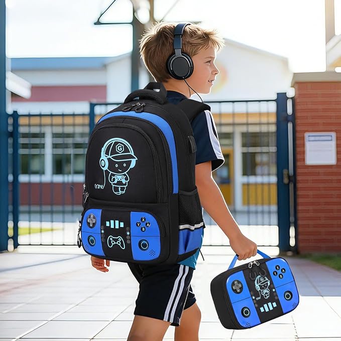 Bevalsa Backpack for School Boys, Cool Luminous Gamer Boys Schoolbag with Lunch Box & Pencil Case Set for Kids Teens Elementary Middle School, Bookbag Glow In The Dark(Blue Backpack) - Image 8