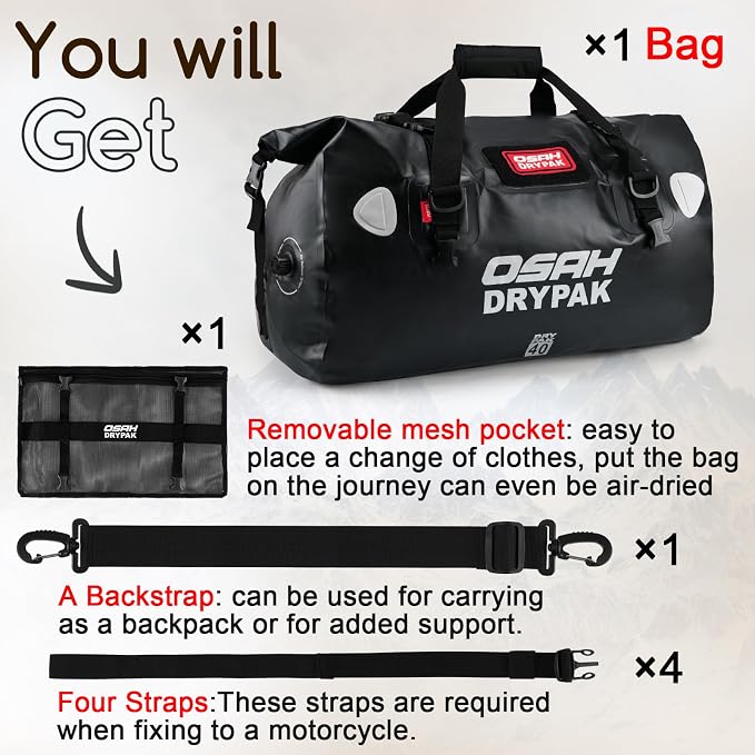 OSAH DRYPAK Waterproof Duffel Bag - Motorcycle Dry Bag Tail Bag with Large Storage Space, Waterproof Luggage Duffle Bags with Outer Mesh Zipper Pocket for Camping, Kayaking, Fishing & Traveling - Image 7