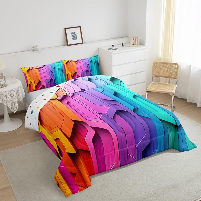 Erosebridal Rainbow Comforter Set Geometric Stripes Duvet Sets for Kids Girls Teens Women Bedroom, Soft Microfiber Down Comforter Luxury All-Season Bedding Set 2 Pcs with 1 Pillow Case, Twin Size - Image 5
