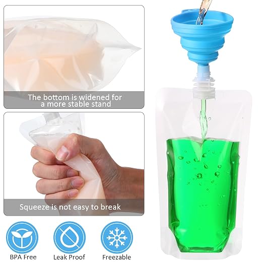 Patelai 150 Pieces Plastic Liquid Pouch Reusable Juice Pouches Travel Water Leak Proof Bags Bulk with Collapsible Silicone Funnel for Travel Outdoor (8 oz) - Image 3