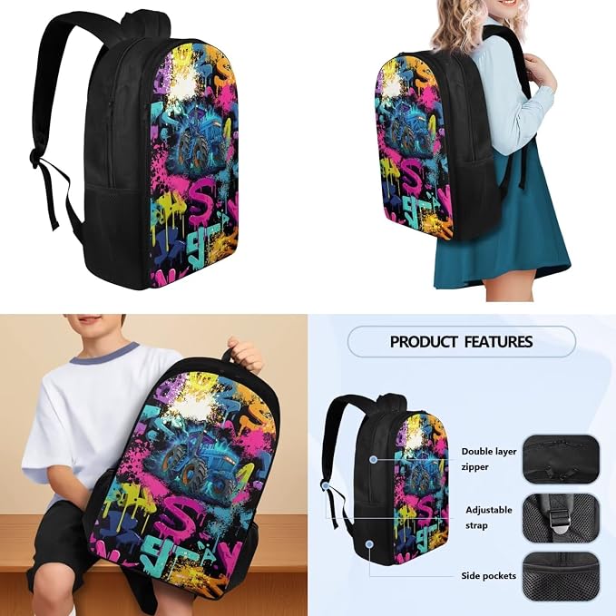 Boys Graffiti Tractor Backpack Set for School & Camping, Portable School Bags with Reusable Lunch Box Bag Pencil Case & Water Bottle Sleeve Teen Kids Bookbag - Image 3