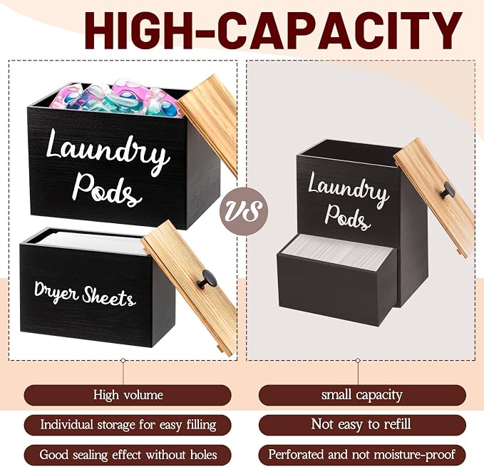 Dandat 4 Pcs Magnetic Laundry Pod Holder Laundry Room Container Set, Lint Bin with Scoop and Brush Dryer Sheet Holder, Scent Booster Container Rustic Gift Wood Farmhouse Room Decorcontainer(Black) - Image 5