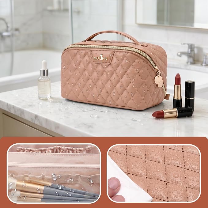 Travel Makeup Bags Cosmetic Organizer: 3Pcs Set Puffy Make up Bag for Women | Apricot Premium Quilted ELEGANCE Design | Large Capacity Leather Toiletry Bags | Wide Open Compact Case for Travel Essentials - Image 2