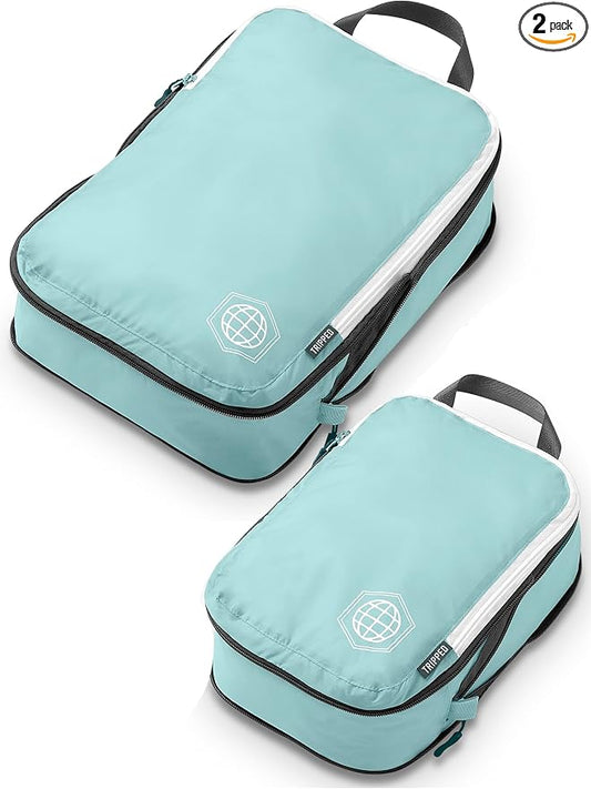Compression Packing Cubes for Travel, 2-Piece Lightweight Packing Cubes Set for Carry-On Luggage & Backpacks – TRIPPED Travel Gear (Dusty Teal/White) by TRIPPEDTravelGear