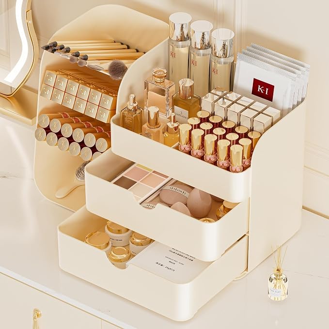 Booklov Small Makeup Organizer for Vanity and Bathroom Countertop, Cream | Plastic Cosmetic Display Case with Drawers, Beauty Brush Holder for Dresser Counter Skin Care Eyeshadow Lipstick Storage by Booklov