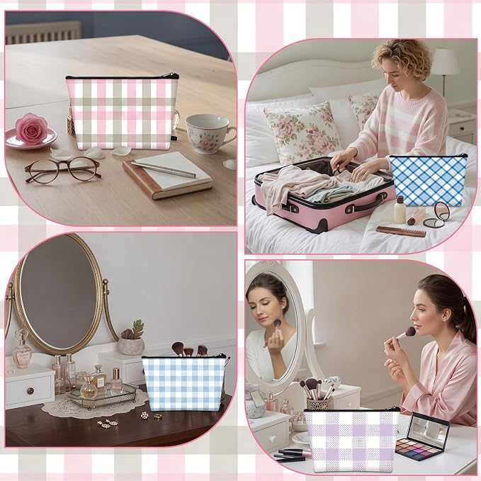 Sweetude 12 Pcs Pastel Plaid Makeup Bag Bulk Buffalo Plaid Portable Travel Cosmetic Bag with Zipper Preppy Checkered Waterproof Roomy Travel Toiletry Organizer Storage Beauty Pouch for Women Gifts - Image 5