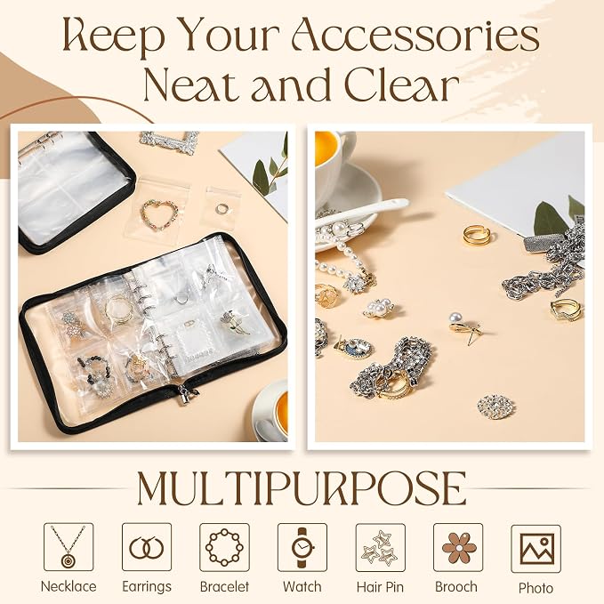 Threehoney 6 Sets Transparent Jewelry Storage Book Travel Jewelry Organizer Earring Organizer Case Bracelet Holder for Necklace Earrings Ring Holder with Clear Zippered Pouch Anti Tarnish Pouches - Image 6