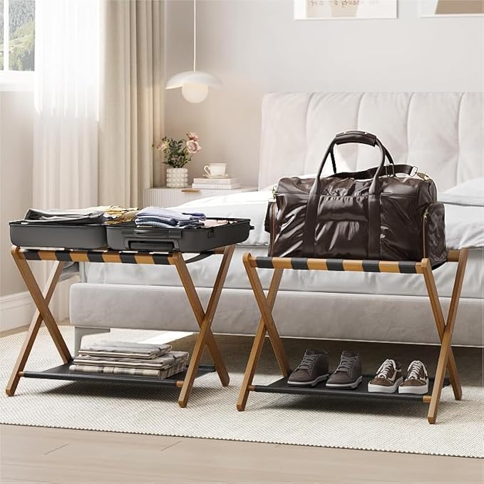 Smart FENDEE 2 Pack Luggage Rack, Folding Luggage Rack for Guest Room, Walnut Bamboo Suitcase Stand Holds up to 131 lb, Luggage Stand with Storage Shelf for Hotel, Bedroom by SmartFENDEE