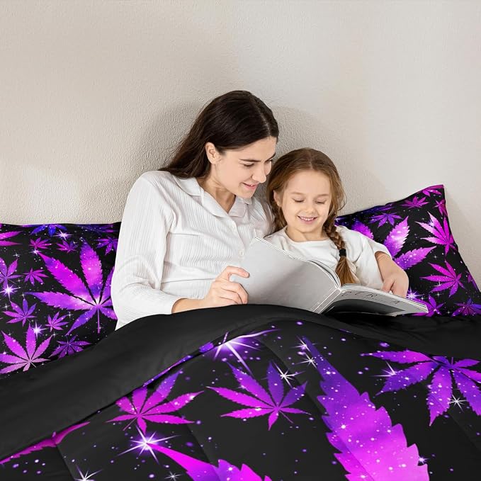 Erosebridal Purple Black Comforter Set Queen Size Hippie Leaf Bedding Sets for Adults Women Men,Leaves Galaxy Comforter Botanical Bed Quilt Set 2 Pillow Cases - Image 3