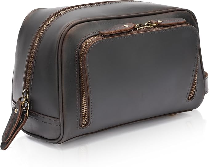 Polare Vintage Full Grain Leather Handmade Travel Toiletry Bag for Men - Dopp Kit - Shaving Kit with YKK Metal Zippers A-Dark Brown by polareoriginal