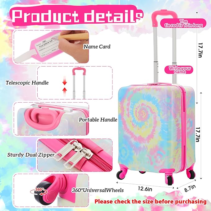 Redbaker 6 Pcs Kids Luggage Set, 17 Inch Rolling Suitcase with Backpack Lunch Bag Neck Pillow, Tie-dye Travel Set for Summer Vacation Sleepover Back to School Gift - Image 2