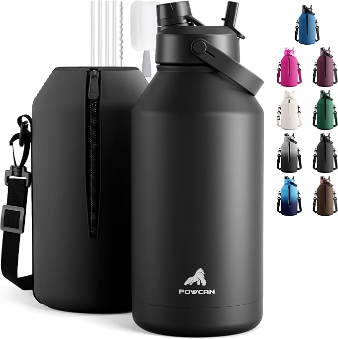 POWCAN 64 oz Insulated Water Bottle for Sports: 2-in-1 Straw & Spout Lid, Leakproof, Carrier Bag, Shoulder Strap, Keep Cold 48H, BPA-Free, Half Gallon Metal Water Jug for Gym, Travel, Gift (Midnight) by POWCAN