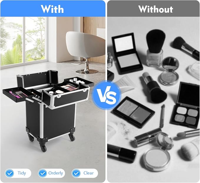 Professional Makeup Train Case, Aluminum Cosmetic Case with Silent Wheels, 4 Folded Tray & Retractable Pull Rod, 13.2Lbs Capacity Rolling Makeup Trolley Case for Travel Makeup/Nail Art/Hair Styling - Image 6