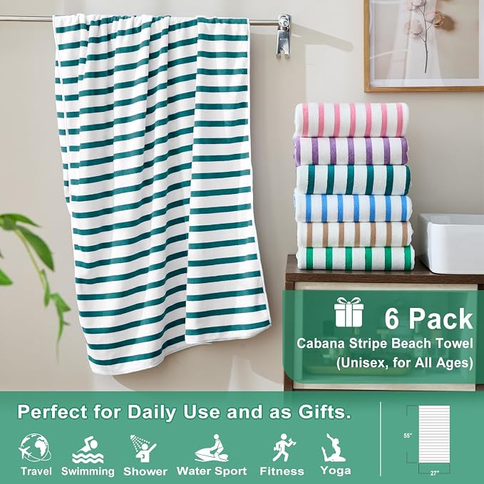 JML Microfiber Beach Towels, 6 Pack, 27" x 55", Large Bath Towel Set for Adult- Cabana Stripe - Absorbent, Quick Drying Lint-Free, No Fading for Summer Party, Pool, Sport, Yoga, Swimming, Dark Green - Image 2
