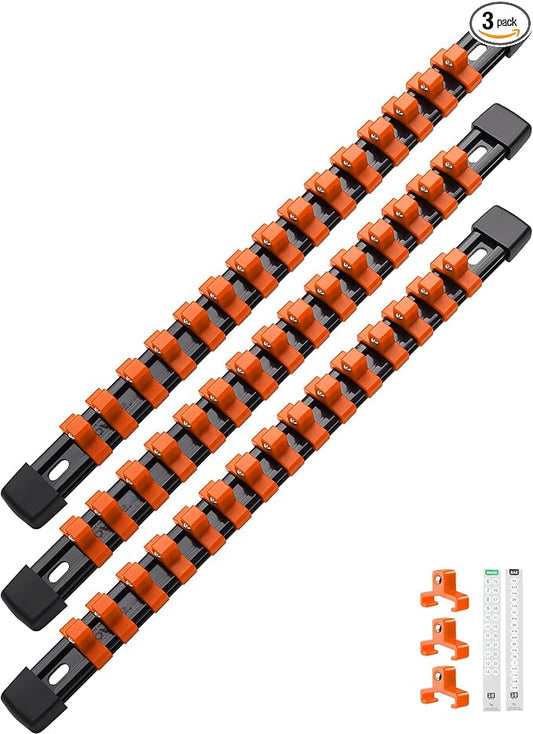 ALOANES 3PC ABS Socket Organizer, Socket Rails Fit 3/8 inch Drive | Portable Heavy Duty Socket Holders Hold up 45 Sockets for Toolbox Drawer Bags(Orange) by Aloanes