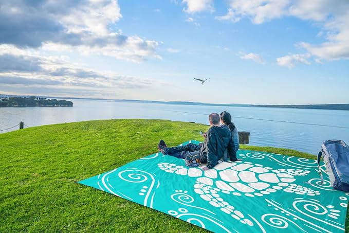 WEKAPO Beach Blanket Waterproof Sandproof Oversized Extra Large Sand Free Beach Mat with Stakes, Storage Bag - Essentials for Outdoor Beach, Picnic (Gradient Teal Sea Turtle, 11 X 9 FT (1~10 Person)) - Image 9
