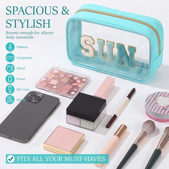 Kacctyen 10 Pcs Sun Clear Makeup Bags with Zipper in 5 Assorted Colors, Chenille Letter Sunscreen Bags Bulk, Clear Waterproof Cosmetic Bag for Women Beach Pool Trip & Summer Birthday Party Favors - Image 3