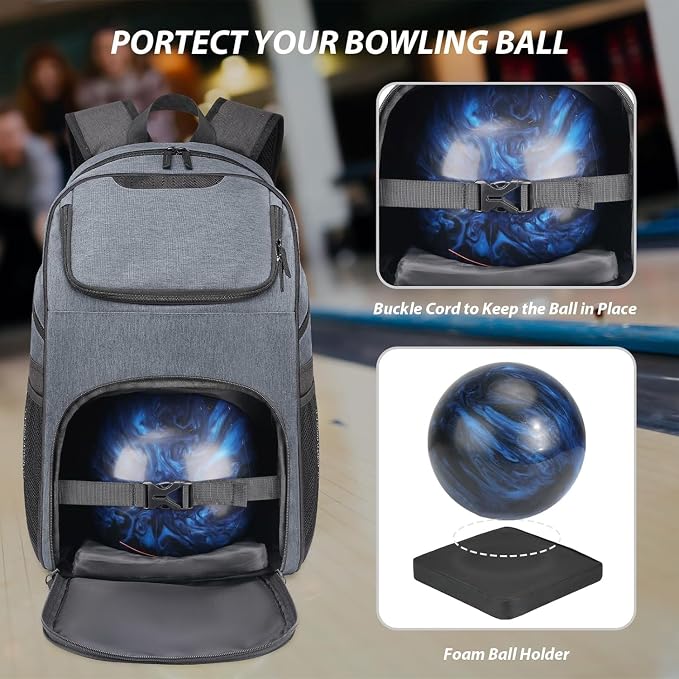 Bosynoy Bowling Backpack, Single Bowling Ball Bag with Shoe Compartment | Bowling Bag Totes with Foam Padded Protection, Fits Shoes Up to US Mens Size 16 and Accessories, Grey - Image 4