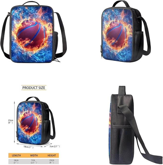 Fire Basketball Backpack for School Boys Backpack with Lunch Box Water Bottle Bag and Fabric Pencil Pouch 4PCS Set Large Capacity Bookbag with Front Pocket 17 inch Sturdy School Bag for Kids - Image 4