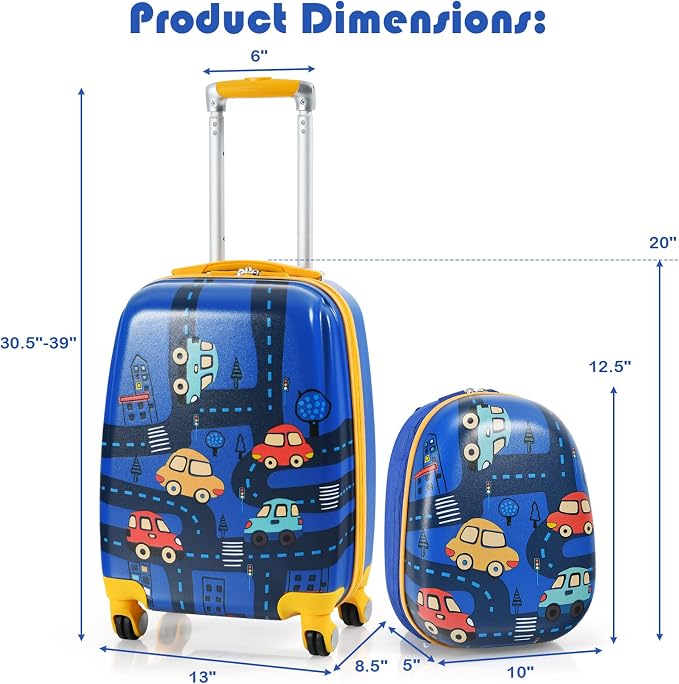 HONEY JOY Kids Luggage, 12" Toddler Backpack & 18" Travel Suitcase with Wheels, Lightweight Toddler Suitcase, Durable ABS Hardshell, 2Pcs Carry On Luggage Set for Boys Girls (Car) - Image 8