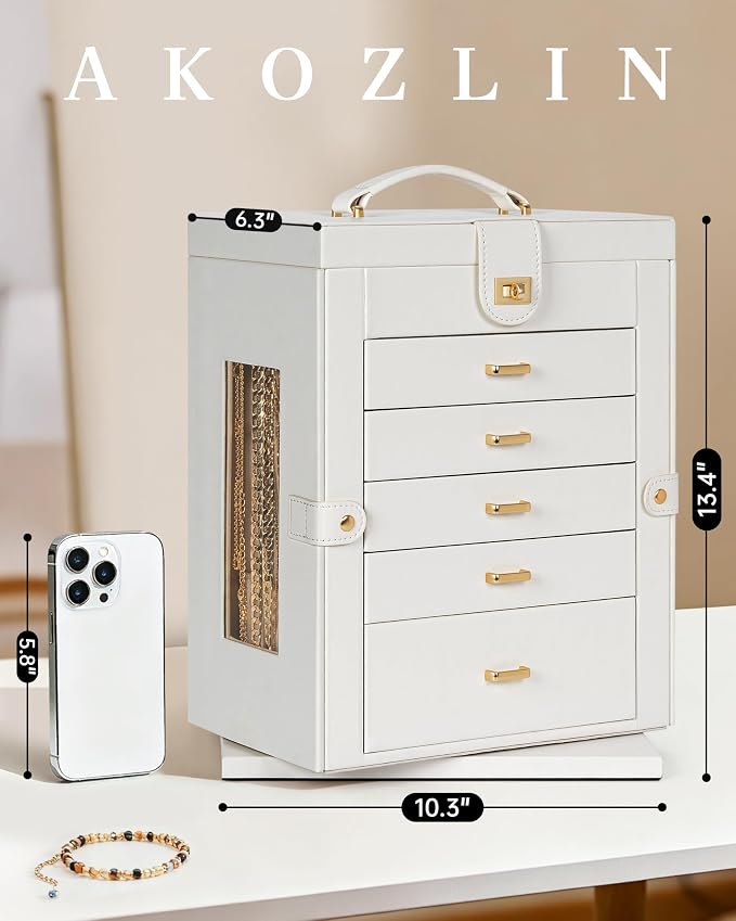 AKOZLIN 6-Tier Jewelry Box Organizer Functional 5 Drawers Leather Jewelry Storage Case for Women Girls Ring Necklace Earring Bracelet Holder Organizer with Mirror XL White 360° Rotating - Image 2