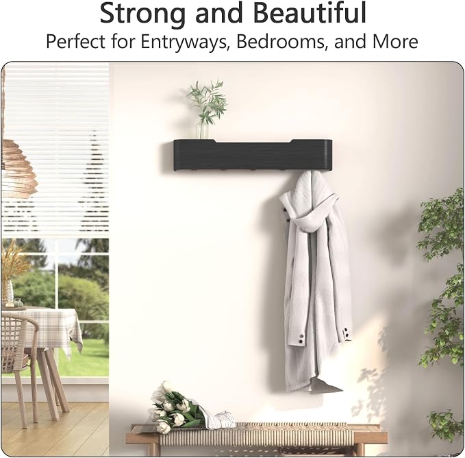 Coat Rack Wall Mount with Shelf 5 Hidden Hooks Modern Wooden Key Holder Entryway Organizer for Hallway Bedroom Bathroom Home Decor Storage for Hanging Coats Hats Bags Towels, Black - Image 5