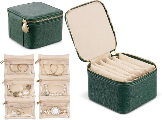 VLANDO Travel Jewelry Box Organizer – Portable PU Leather Jewelry Case with 6/8/12 Zippered Pouches, Compact Storage for Earrings Rings Necklaces Bracelets, Dark Green by VLANDO