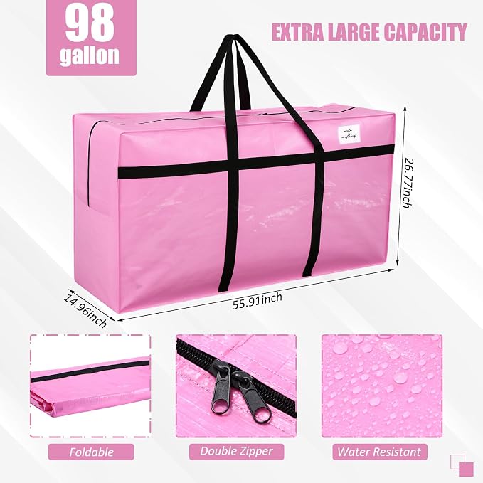 Windyun 4 Pack 98 Gallon Extra Large Moving Bags XXL Heavy Duty Storage Bag with Strong Zipper Handle Jumbo Big Tote Box Foldable for College Dorm Travel Clothes Duffle Blanket Pillow(Pink) - Image 3