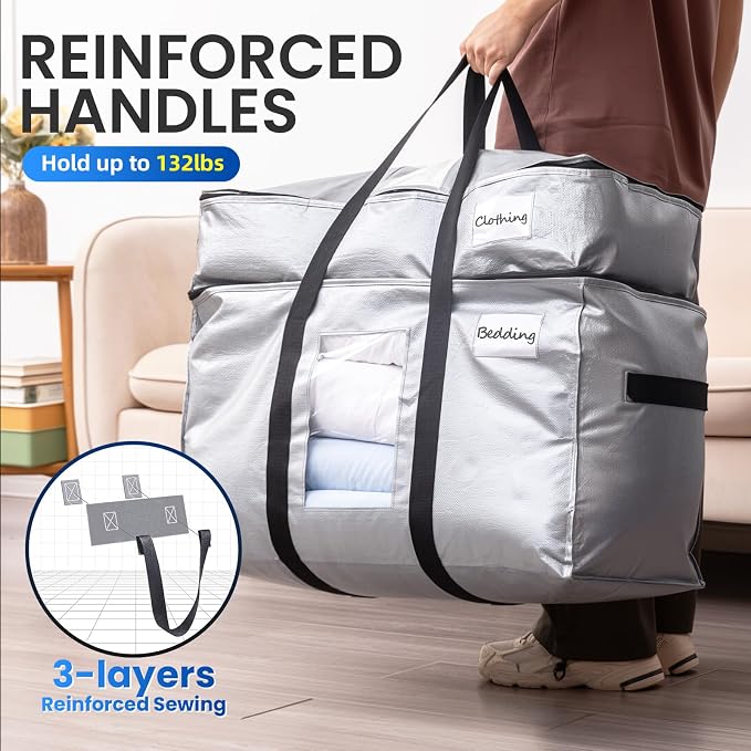 TAILI 2 Tier Extra Large Moving Bags, 2 Pack Silver Heavy Duty Totes For Storage with Visible Window, Wrap Around Handles, Storage Bags for Space Saving, Alternative to Moving Boxes - Image 4