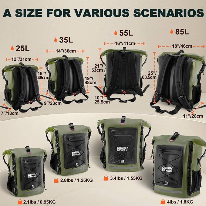 OSAH DRYPAK Waterproof Backpack Dry Bag 35L/55L/85L – Heavy Duty Roll-Top Hiking Backpack for Travel, Kayaking, Boating, Camping, Rafting and Fishing - Image 2