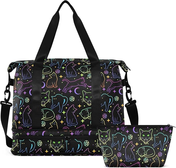 Travel Duffel Tote Bag Witchcraft Black Cats Sports Duffel Bag with Wet Pocket Weekender Overnight Bag for Women Men Gym Bag, Carry On Bag Hospital Bag for Labor and Delivery by MNSRUU
