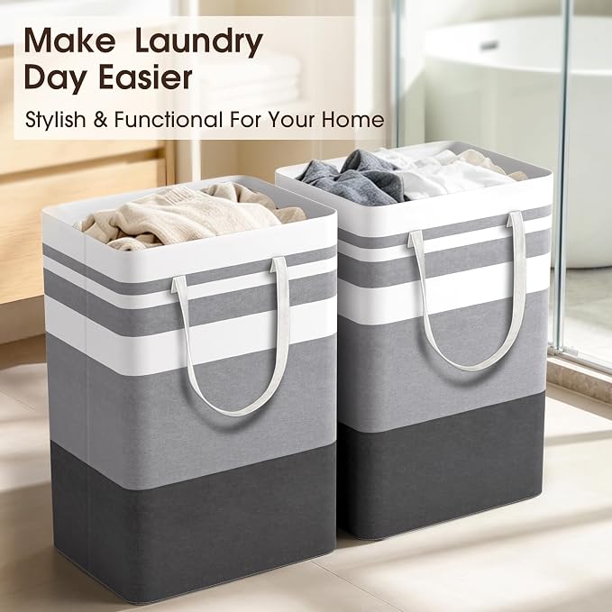 HomeHacks 2 Pack Large Laundry Baskets, Waterproof, Freestanding Laundry Hampers, Collapsible Clothes Hamper with Reinforced Handles in Laundry Room, College Dorm, Bathroom, Bedroom (Grey, 75Lx2) - Image 7