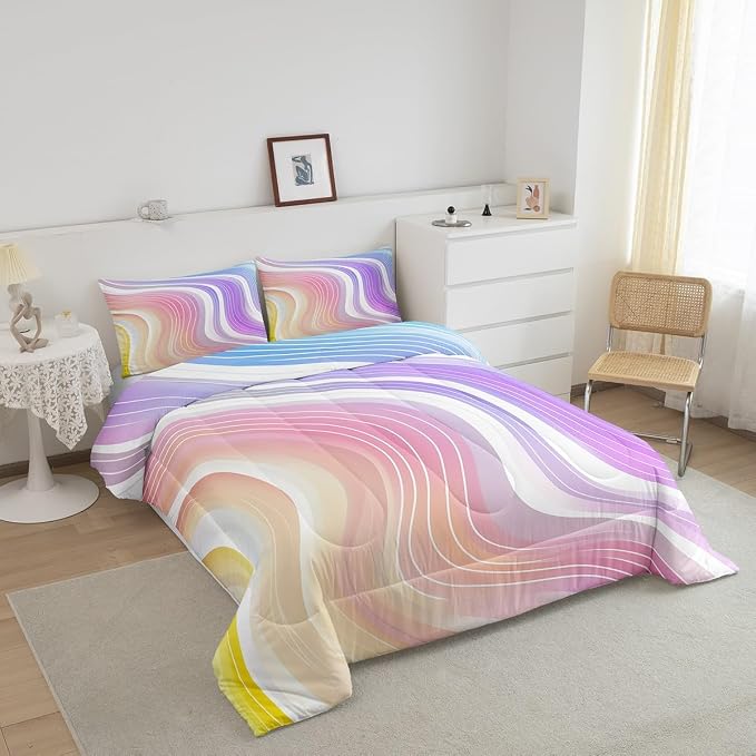 Erosebridal Kids Rainbow Comforter Set Watercolor Fluid Print Duvet Sets Queen Size, Girls Rainbow Stripe Bright Bedding Set Pink Blue Pastel Bedding Comforters 3 Pieces with 2 Pillow Cases - Image 3