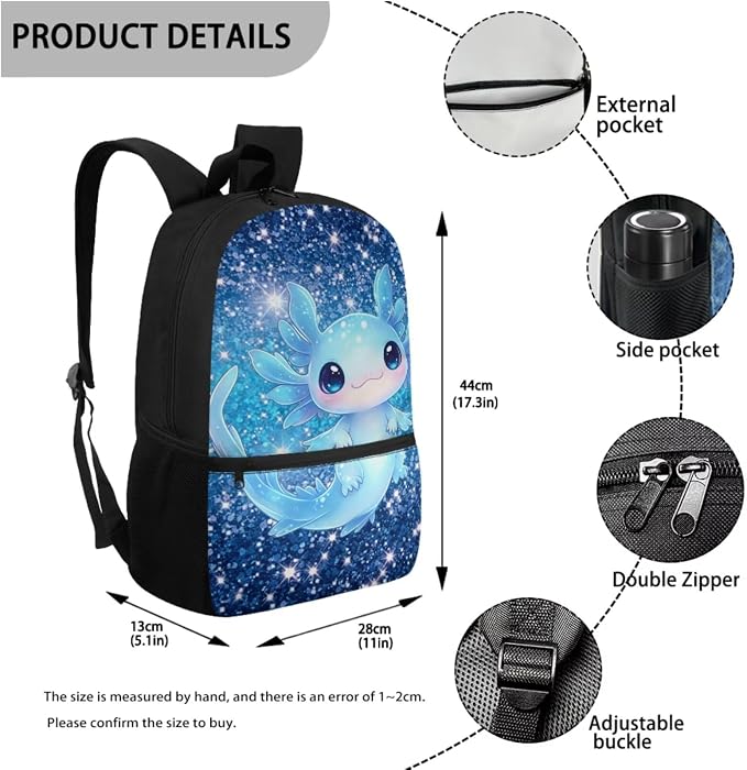 Glitter Axolotl 4-Piece Kids Backpack Set – No Extra Purchases Needed! 17'' School Bag with Insulated Lunch Bag, Pencil Case & Water Bottle Pouch, Lightweight Bookbag for Girls Age 6-12 - Image 3