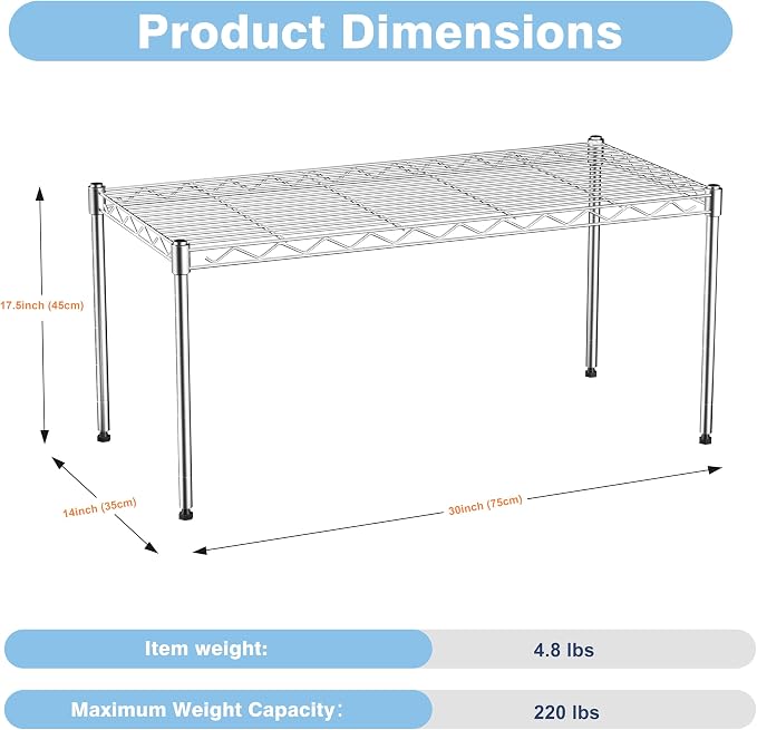 1-Tier Wire Shelf Rack,30" Wx14 Dx17 H,Single Metal Shelves Rack,Height Adjustable Metal Wire Shelving Unit and Storage for Kitchen,Cabinet,Countertop,Under-Sink,Closet,Pantry,Studio - Image 3
