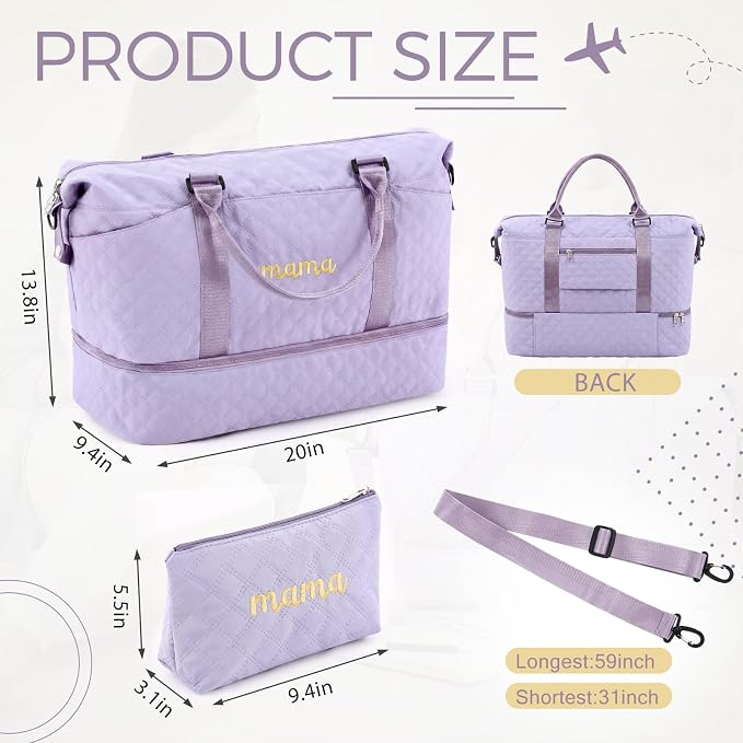 Dansydaisy Mama Hospital Bag for Women Labor Delivery Travel Duffle Bag with Shoe Compartment and Toiletry Pouch Waterproof Letter Embroidered for Pregnancy Weekender Overnight Gym Gift, Purple - Image 3