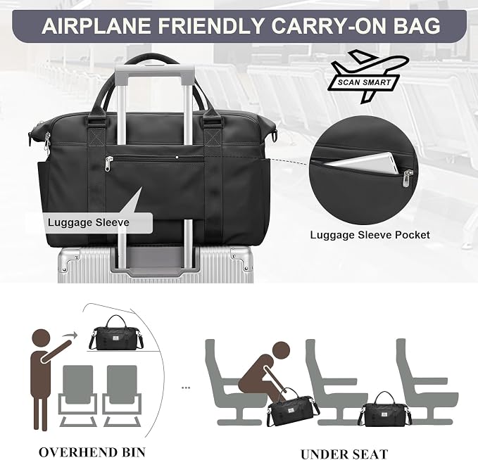Travel Duffel Bag, Carry On Overnight Weekender Bags for Women | Travel Bag with Wet Pocket & Trolley Sleeve, For Spirit Airlines 18x14x8 Personal Item Bag - Image 6