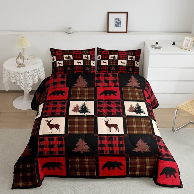 Rustic Deer Pattern Comforter Set Full,Elk Moose Bear Bedding Set for Farmhouse Decor,Buffalo Plaid Grid Down Comforter,Rustic Red Country Style Woodland Patchwork Quilted Comforter,2 Pillowcases - Image 2
