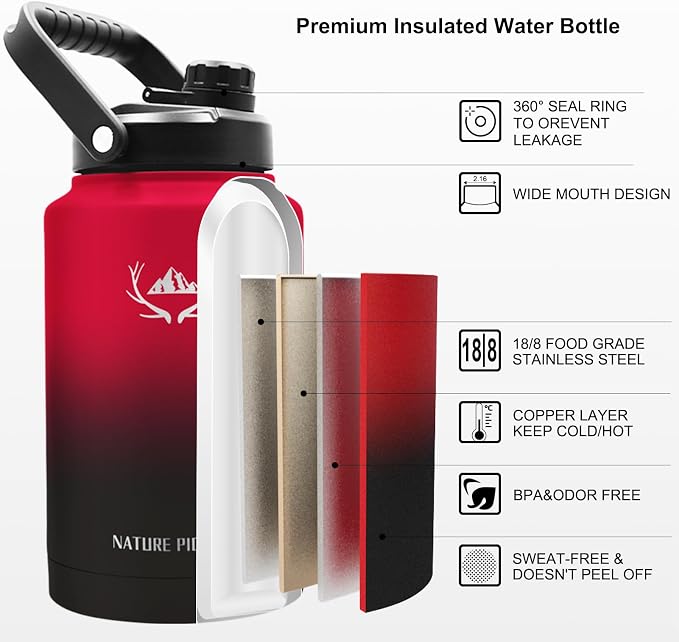 NATURE PIONEOR 1 Gallon (128oz) Insulated Water Bottle Jug with Carrier Bag | 18/8 Food-grade Stainless Steel, Double Vacuum Insulation, Wide-Mouth, Straw & Spout Lid, Strap, Camping, Hiking, Gym, Work - Image 3
