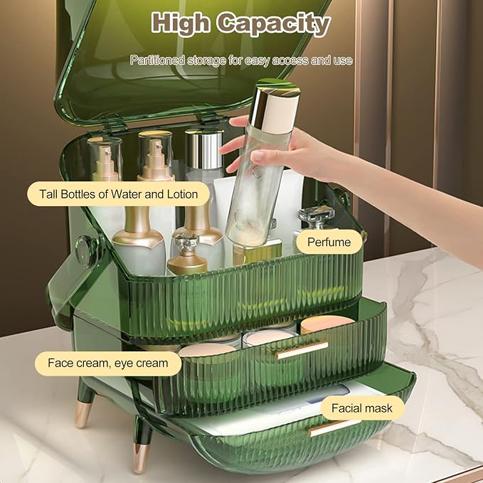 Ergocar Portable Retro Series Multi-Function Make Up Case Dustproof Cosmetic Storage Box, Skin Care Products Jewelry Organizer Finishing Box Bathroom Desktop - Retro Green - Image 2