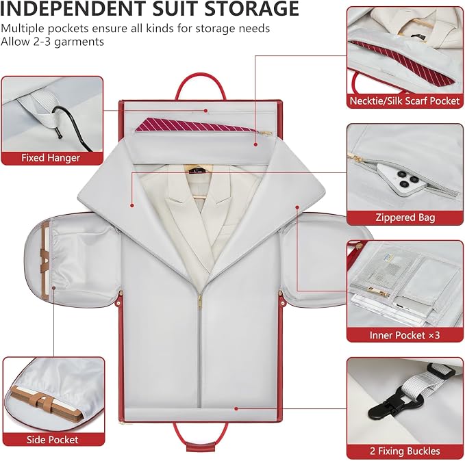 Leather Garment Bags for Travel, Convertible Carry on Garment Duffel Bag for Women, 2 in 1 Waterproof Foldable Travel Suit Bag with Shoulder Strap Weekender Bag with Shoe Pouch, Red - Image 2