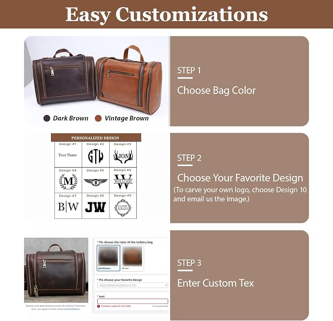 Personalized Leather Toiletry Bag for Men Women, Genuine Leather Toiletries Organizer, Travel Hanging Large Bathroom Shaving Kit, Gift Ideas for Groomsmen, Dad, Husband, Boyfriend, Birthday, Christmas - Image 3