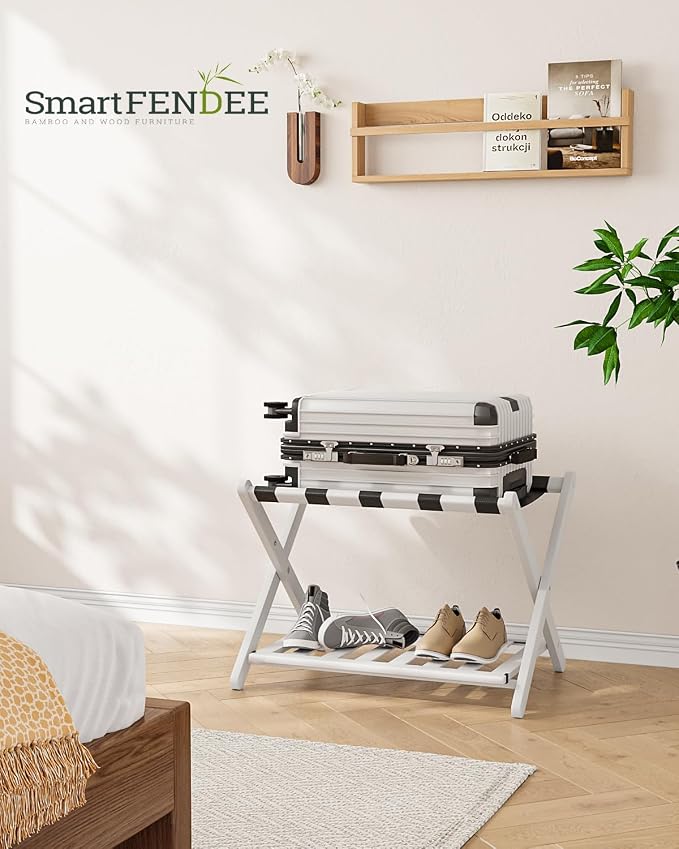 Smart FENDEE 2 Packs Fully Assembled Luggage Racks with Shoe Shelf, Suitcase Stand with Fold & Lock System, Bamboo Luggage Stand Ideal for Guest Room, Bedroom, Hotel, White - Image 6