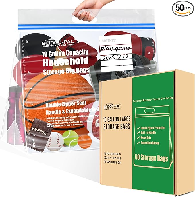 BEIDOU-PAC 10 Gallon Large Storage Bags with Handle, 50 Counts | Double Zipper Seal | Expandable Bottom, Resealable Clear zip Bags for Home, Travel, Moving Commercial and Outdoor by BEIDOU-PAC