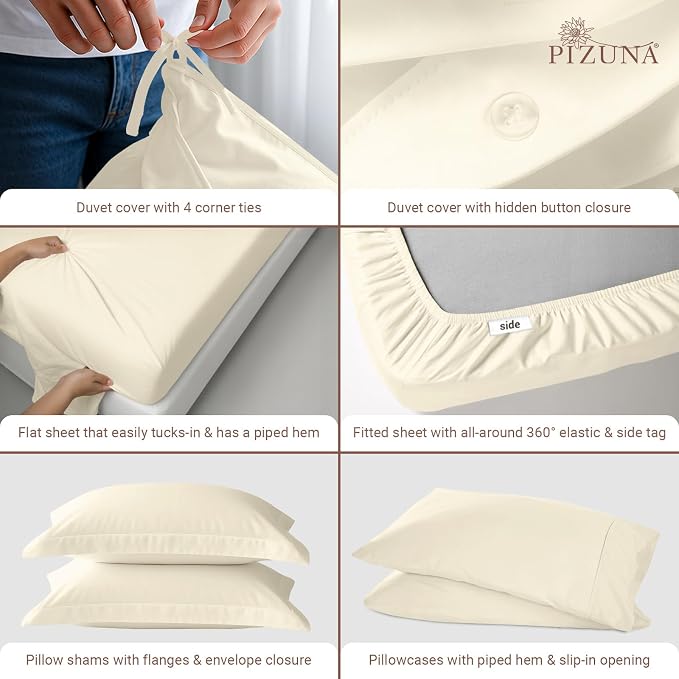 Pizuna Pure 100% Long-Staple Cotton Duvet Cover + Sheet Set Full, Luxurious 400 Thread Count Long Staple Cotton, Soft Sateen Weave Bedding Set (Ivory) - Image 4