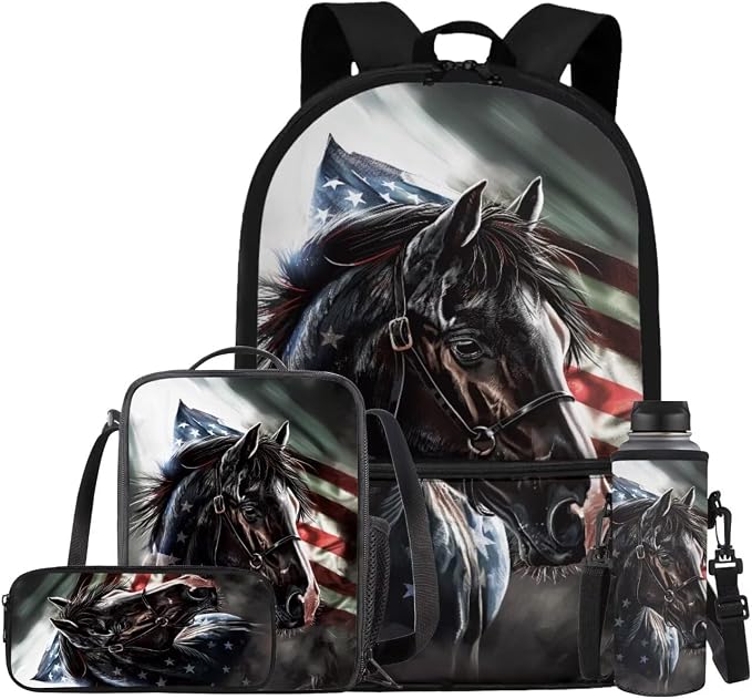 American Flag Horse Backpack for Boys Girls Backpack with Lunch Box Water Bottle Holder with Strap and Pencil Pouch 4PCS Bookbag with Front Pocket for School Teens 17 inch School Bag for Kids by ELEDIZI
