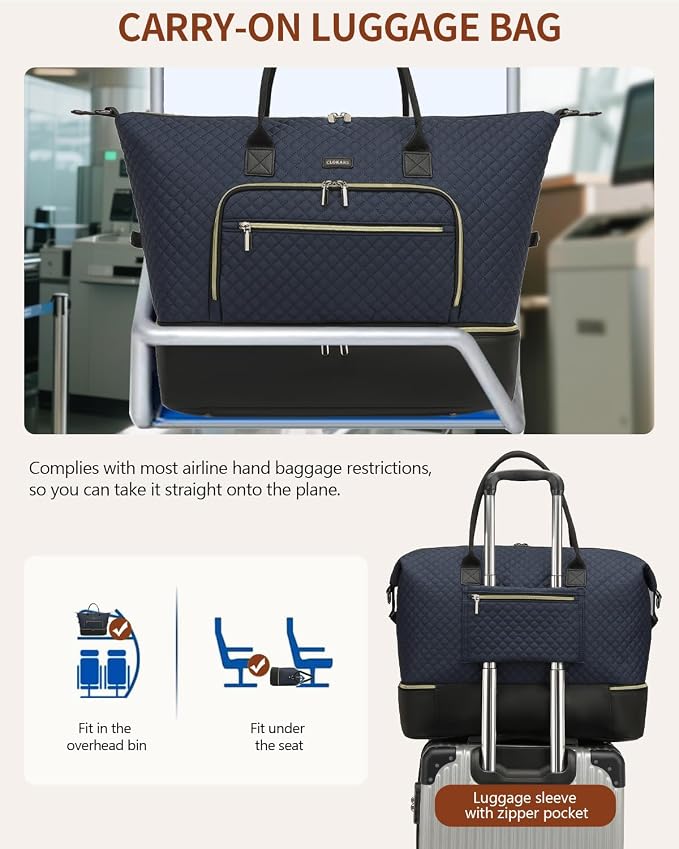 Weekender Bags for Women Travel, Under Seat Carry On Bags for Airplanes Overnight Bag with Shoe Compartment Luggage Sleeve, Foldie Travel Tote Bag Hospital Bag, Travel Gifts, Navy Black - Image 7