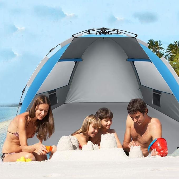 Oileus X-Large 4 Person Beach Tent Sun Shelter - Portable Sun Shade Instant Tent for Beach with Carrying Bag, Stakes, 6 Sand Pockets, Anti UV for Fishing Hiking Camping, Waterproof Windproof, Blue - Image 5